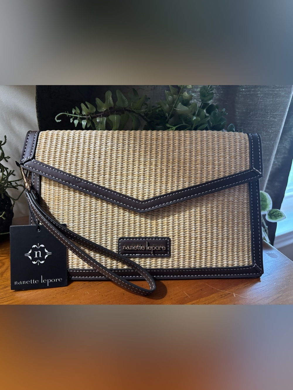 Nanette  Lepore Aiza Natural Straw Raffia Envelope Wristlet Clutch Tan Brown NWT